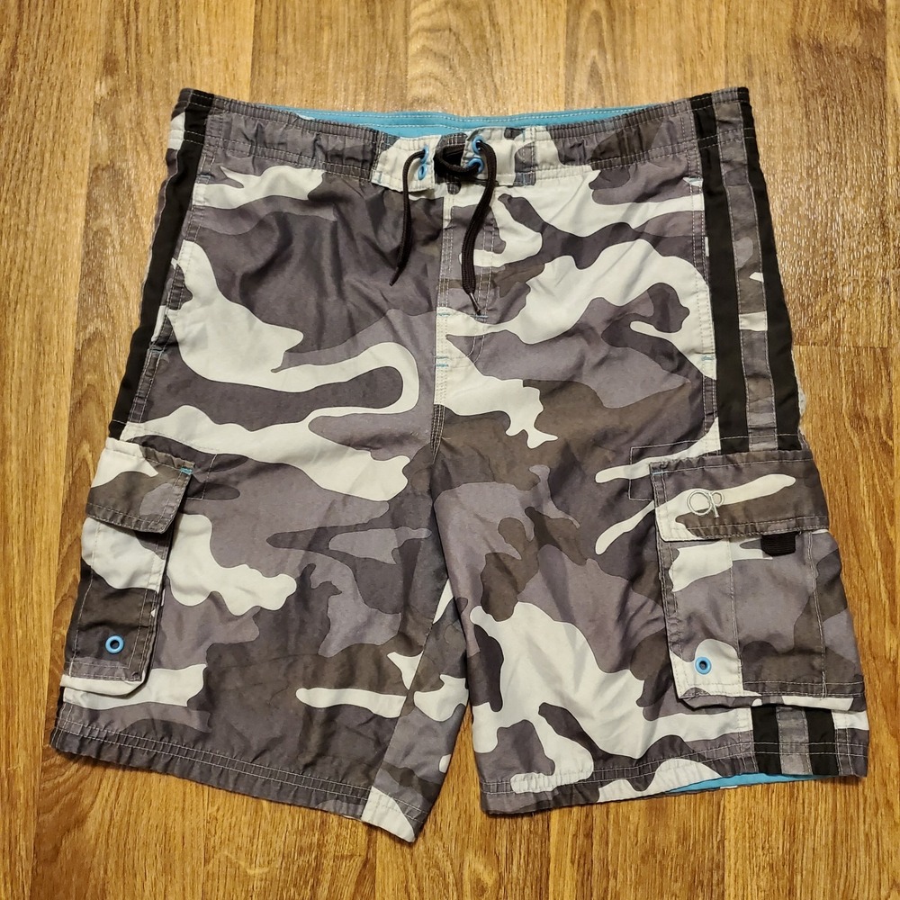 Vintage 90s Ocean Pacific Swim Trunks Men 32 Large Gray Camo‎ Cargo Mesh Lined